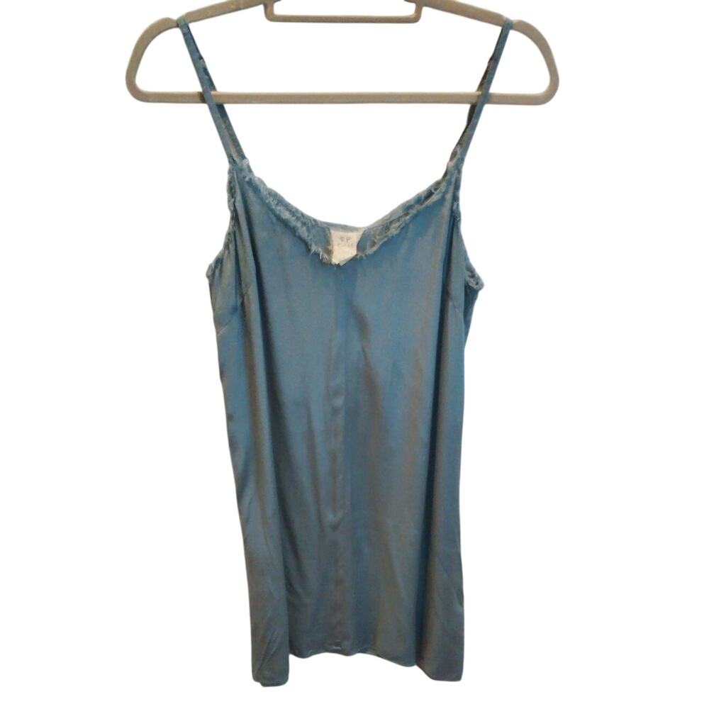 FP One Free People Blue Fringe Trim Cami Tank Top Adjustable Straps Boho